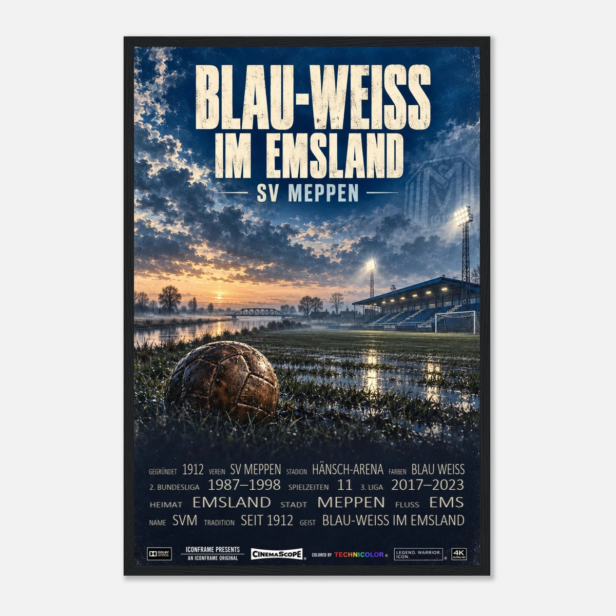 SV Meppen Poster „Blau-Weiss im Emsland“ – 40 × 60 cm, mit schwarzem Holzrahmen
