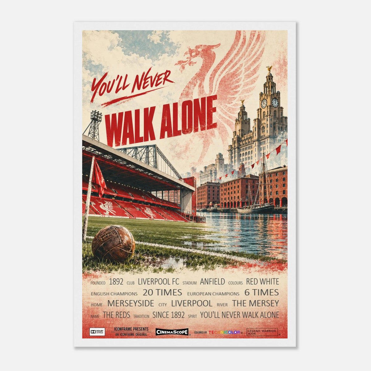 Liverpool Poster „You'll Never Walk Alone“ – 30 × 45 cm, mit weißem Holzrahmen vor hellem Hintergrund