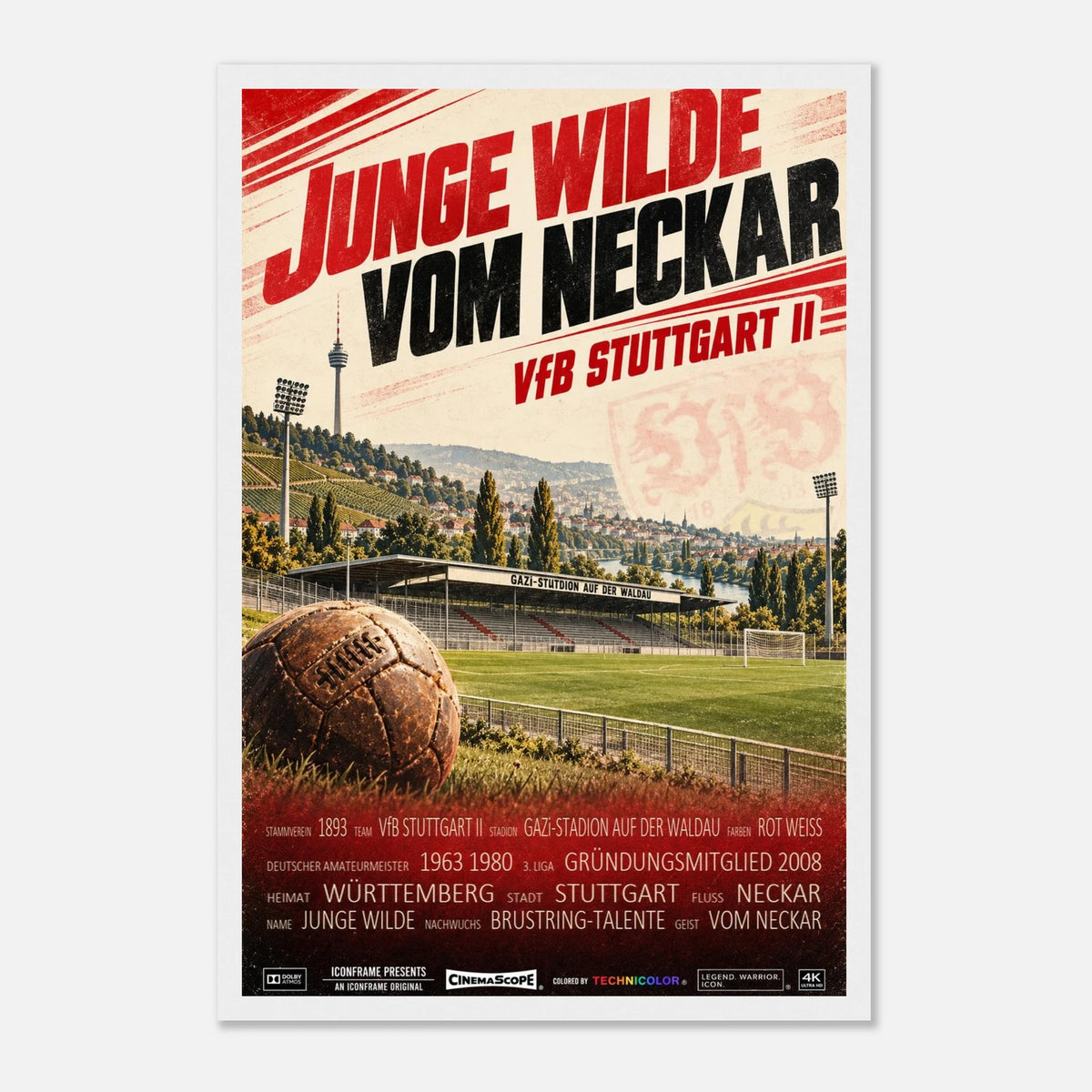 VfB Stuttgart II Poster „Junge Wilde vom Neckar“ – 30 × 45 cm, mit weißem Holzrahmen