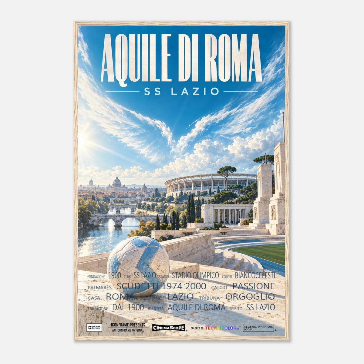 Lazio Rom Poster „Aquile di Roma“ – 60 × 90 cm, mit naturfarbenem Holzrahmen vor hellem Hintergrund