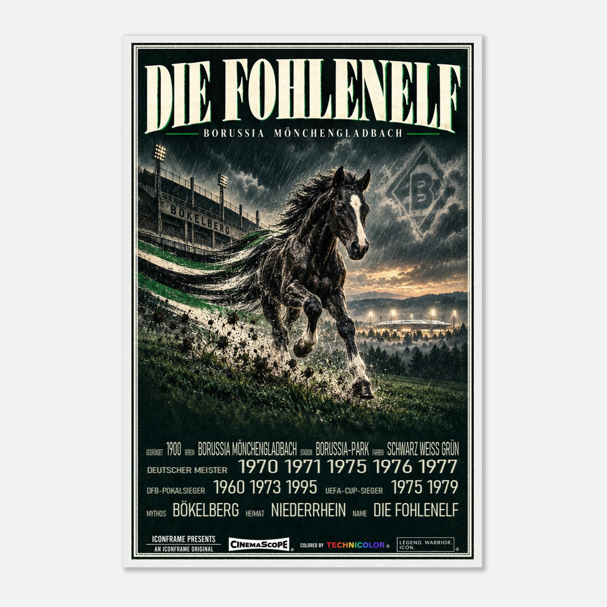 Borussia Mönchengladbach Poster „Die Fohlenelf“ – 60 × 90 cm, mit weißem Holzrahmen vor hellem Hintergrund