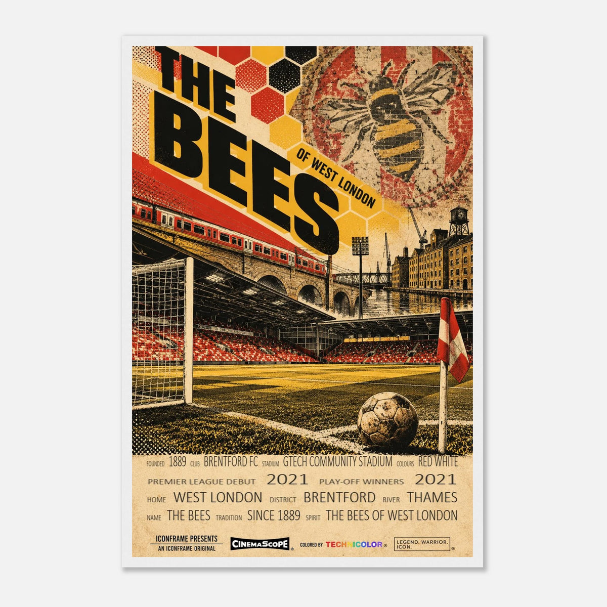 Brentford Poster „The Bees“ – 40 × 60 cm, mit weißem Holzrahmen vor hellem Hintergrund