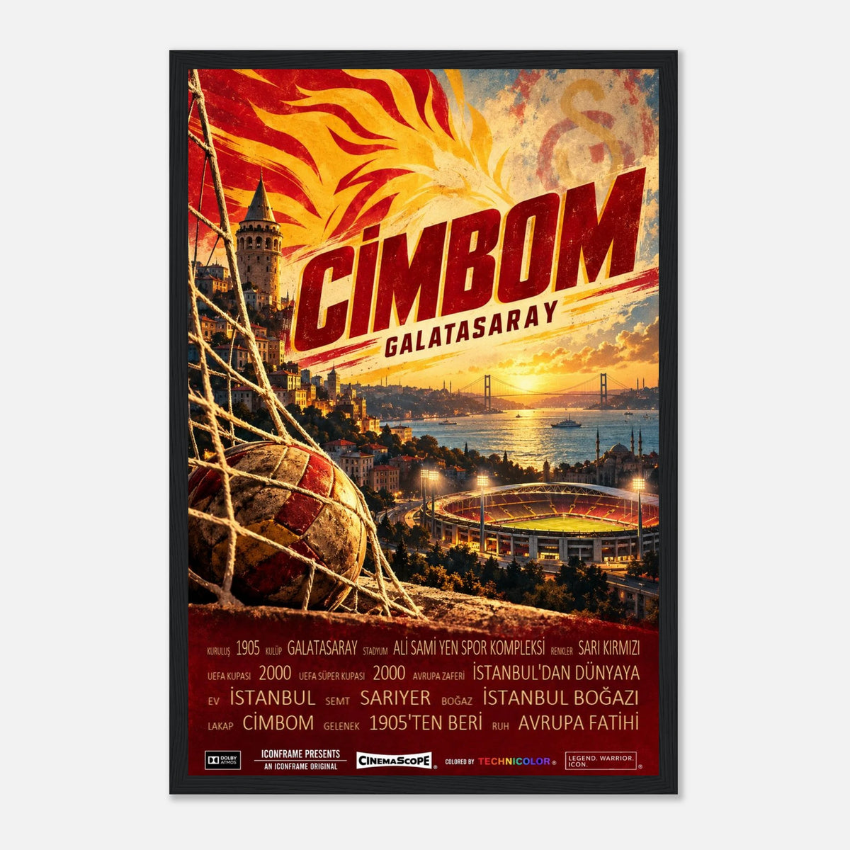 Galatasaray Istanbul Poster „Cimbom“ – 30 × 45 cm, mit schwarzem Holzrahmen