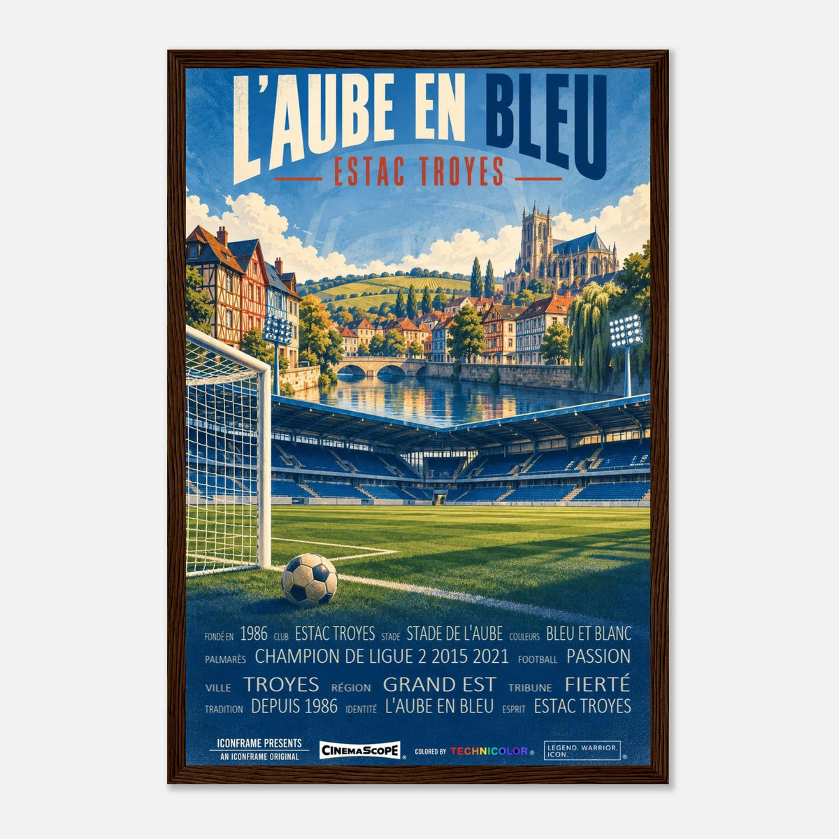 ES Troyes AC Poster „L’Aube en Bleu“ – 30 × 45 cm, mit dunkelbraunem Holzrahmen