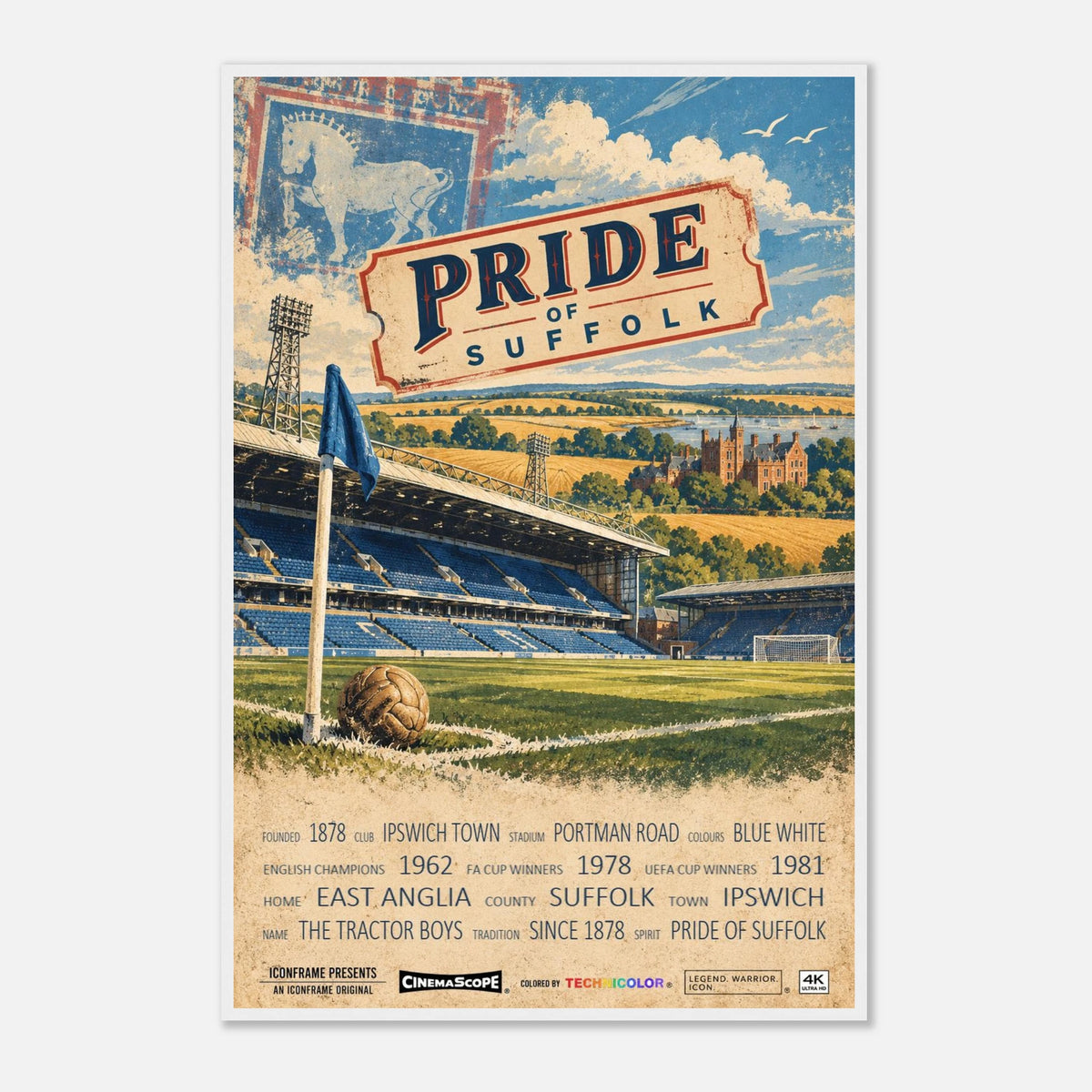 Ipswich Town Poster „Pride of Suffolk“ – 60 × 90 cm, mit weißem Holzrahmen vor hellem Hintergrund