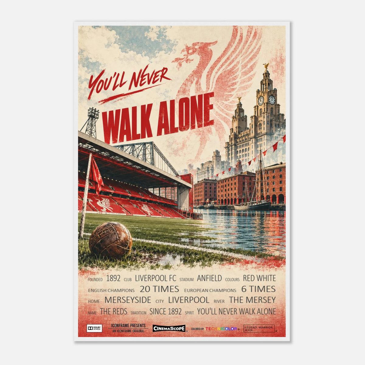 Liverpool Poster „You'll Never Walk Alone“ – 60 × 90 cm, mit weißem Holzrahmen vor hellem Hintergrund
