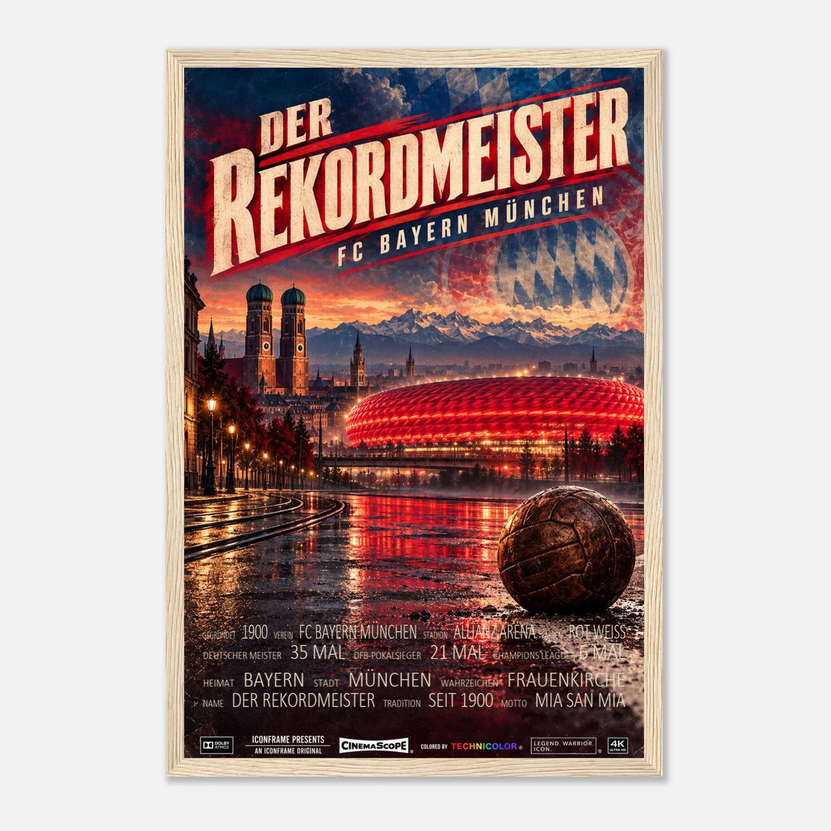 Bayern München Poster „Der Rekordmeister“ – 30 × 45 cm, mit naturfarbenem Holzrahmen