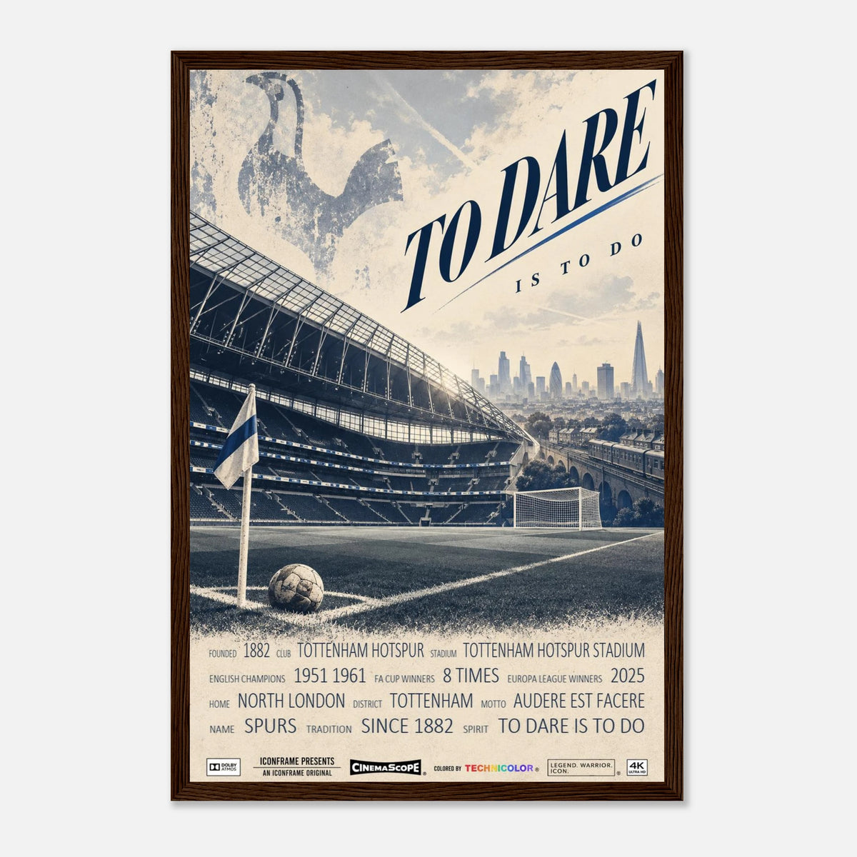 Tottenham Hotspur Poster „To Dare Is to Do“ – 30 × 45 cm, mit dunkelbraunem Holzrahmen vor hellem Hintergrund