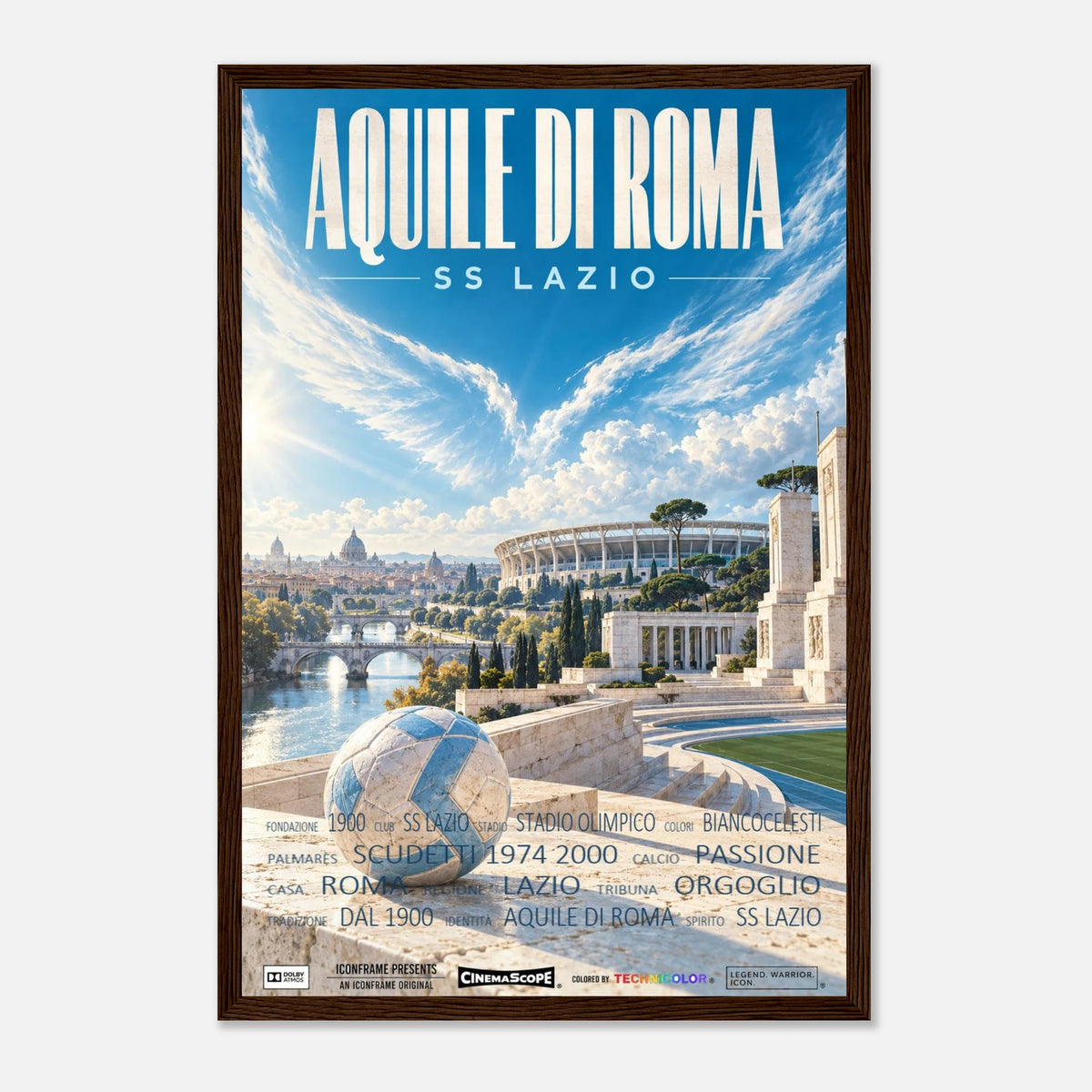 Lazio Rom Poster „Aquile di Roma“ – 30 × 45 cm, mit dunkelbraunem Holzrahmen vor hellem Hintergrund