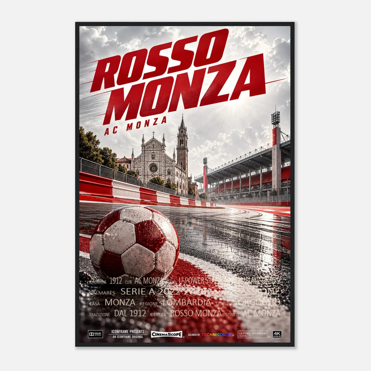 AC Monza Poster „Rosso Monza“ – 60 × 90 cm, mit schwarzem Holzrahmen vor hellem Hintergrund
