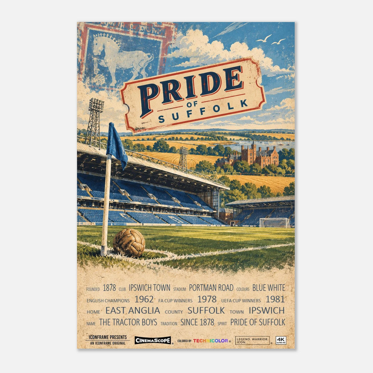 Ipswich Town Poster „Pride of Suffolk“ – 40 × 60 cm, ohne Rahmen vor hellem Hintergrund
