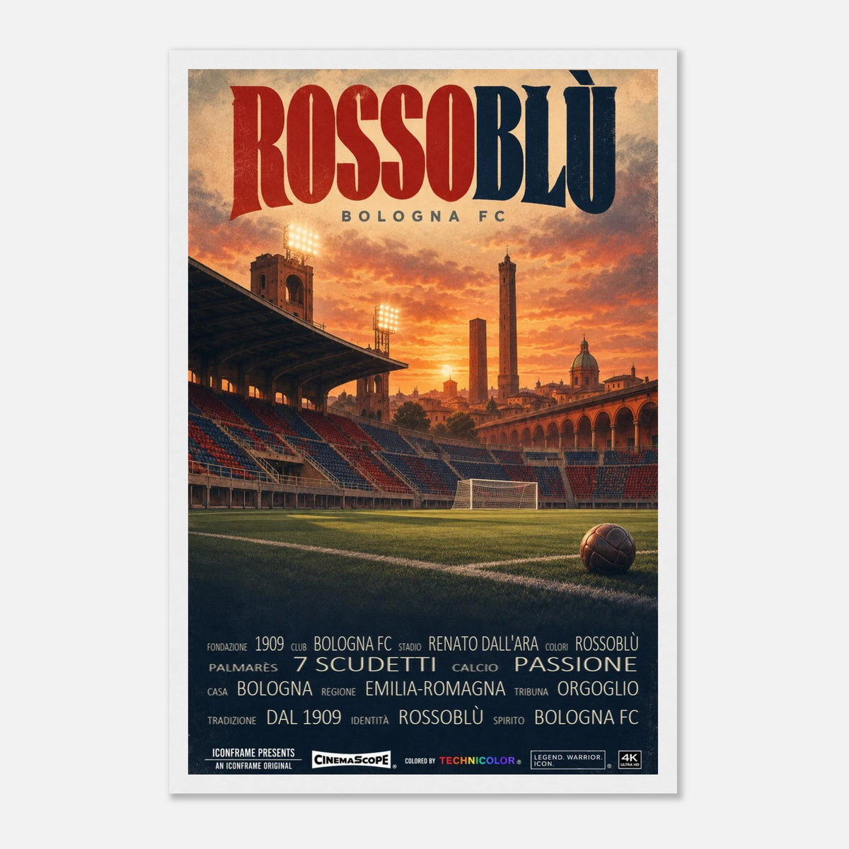 FC Bologna Poster „Rossoblù“ – 30 × 45 cm, mit weißem Holzrahmen vor hellem Hintergrund