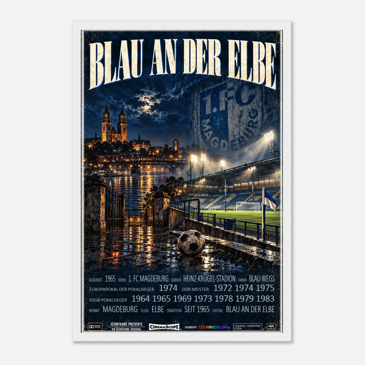 1. FC Magdeburg Poster „Blau an der Elbe“ – 30 × 45 cm, mit weißem Holzrahmen vor hellem Hintergrund