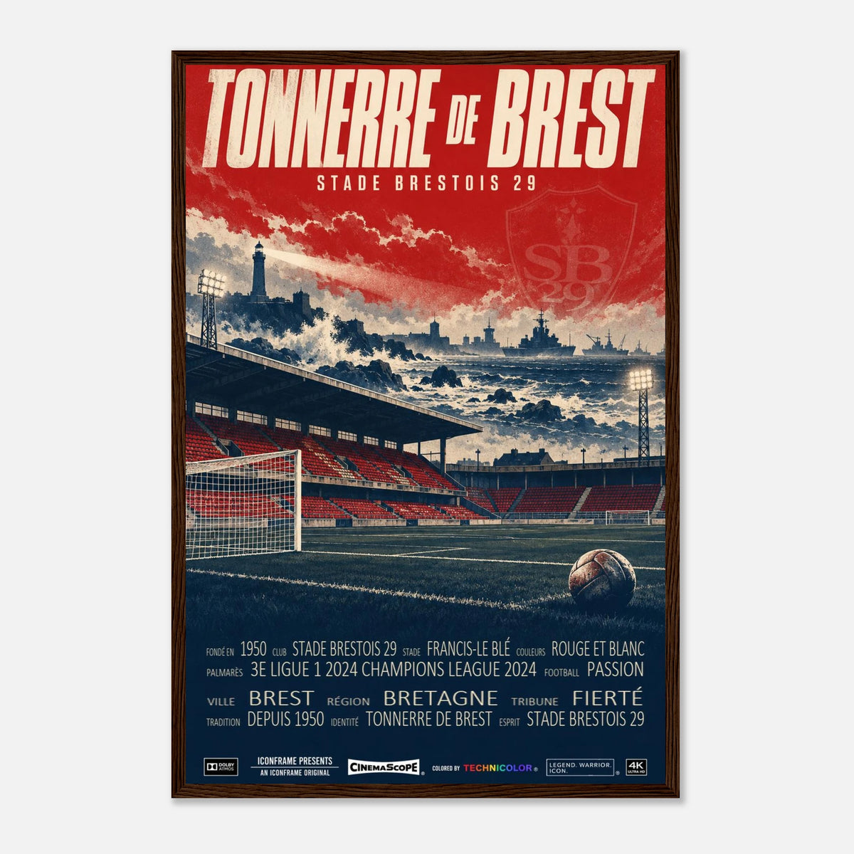 Stade Brest Poster „Tonnerre de Brest“ – 40 × 60 cm, mit dunkelbraunem Holzrahmen