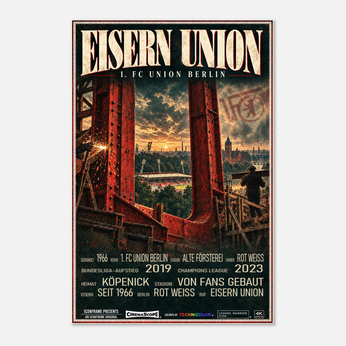 Union Berlin Poster „Eisern Union“ – mit naturfarbenem Holzrahmen vor hellem Hintergrund