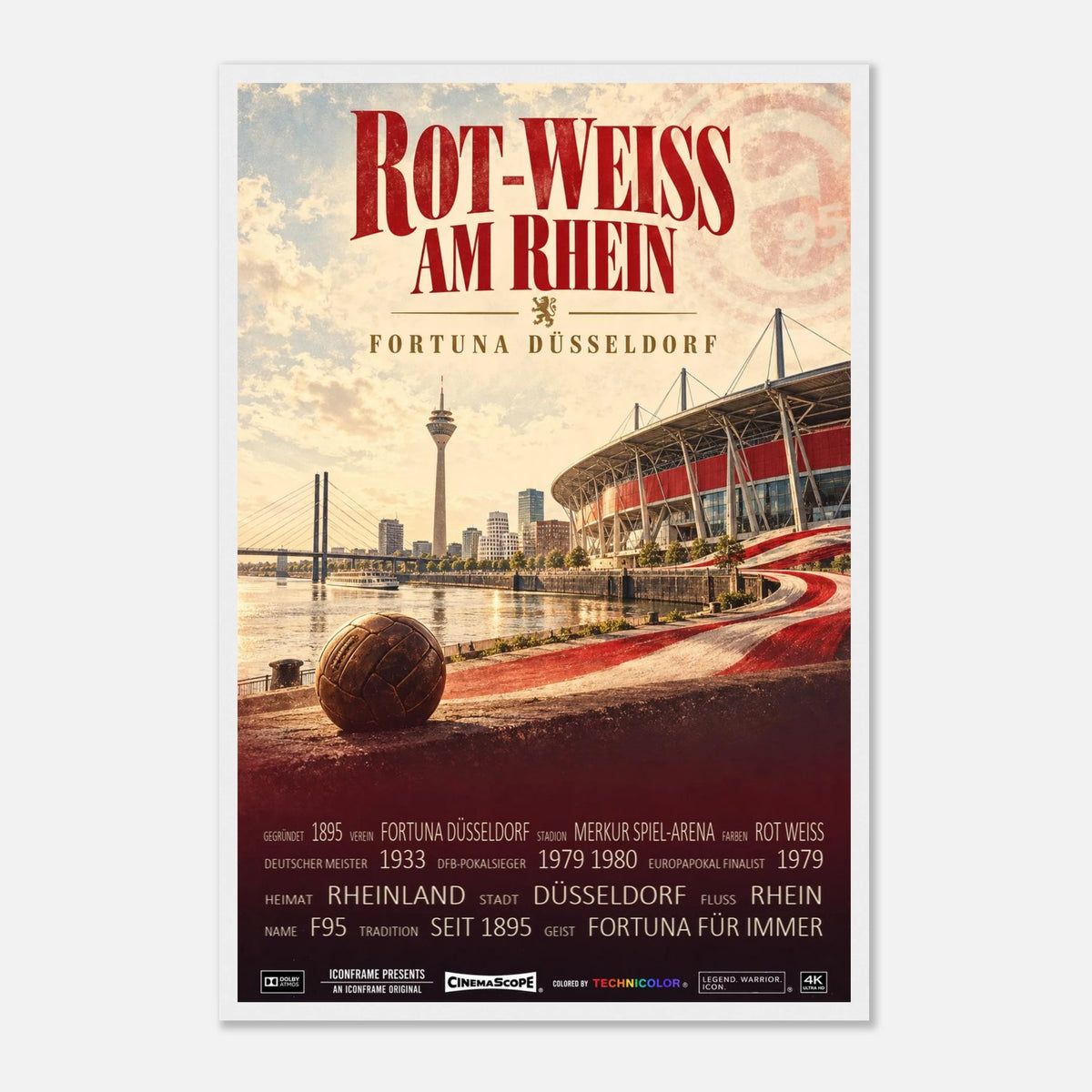 Fortuna Düsseldorf Poster „Rot-Weiss am Rhein“ – 40 × 60 cm, mit weißem Holzrahmen