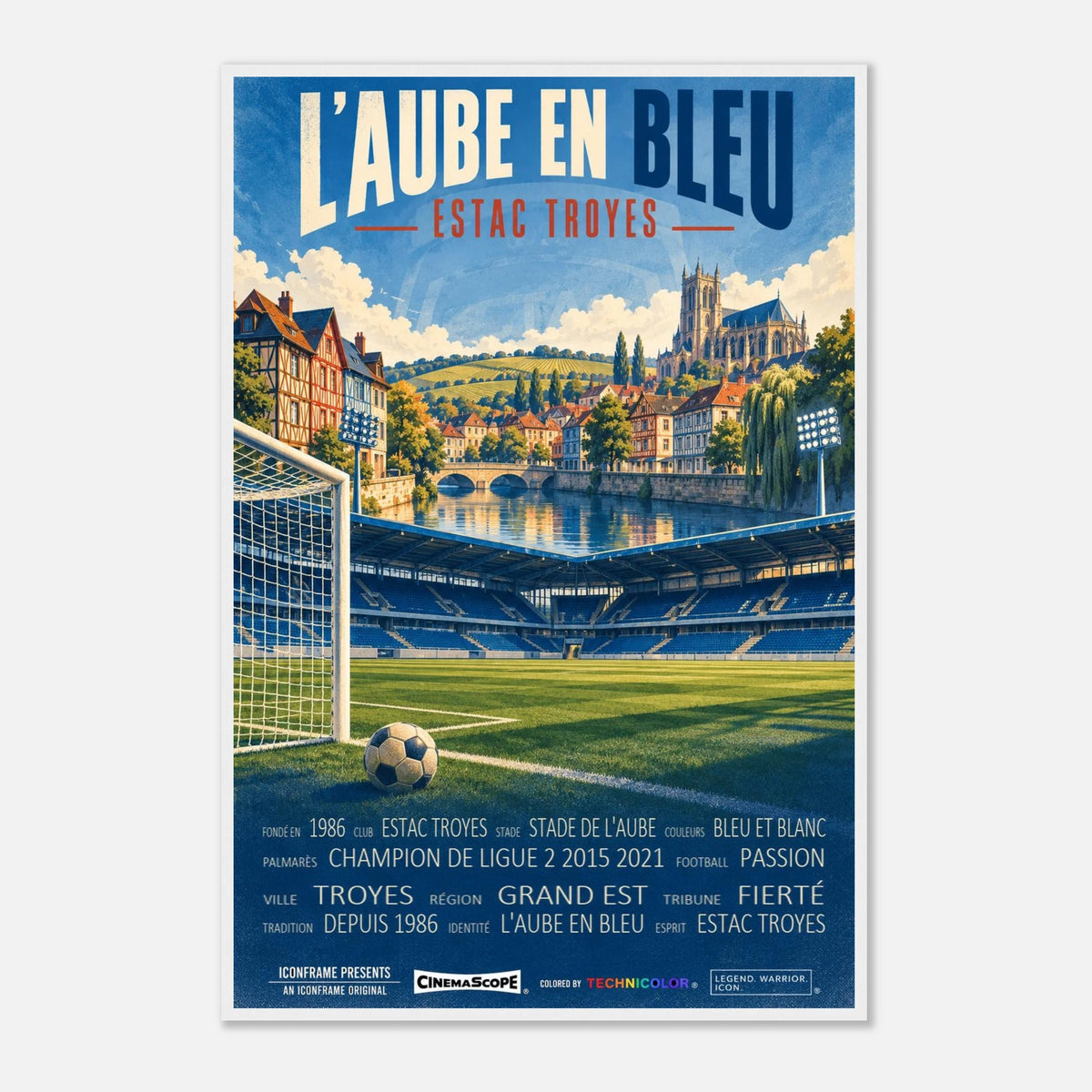 ES Troyes AC Poster „L’Aube en Bleu“ – 60 × 90 cm, mit weißem Holzrahmen