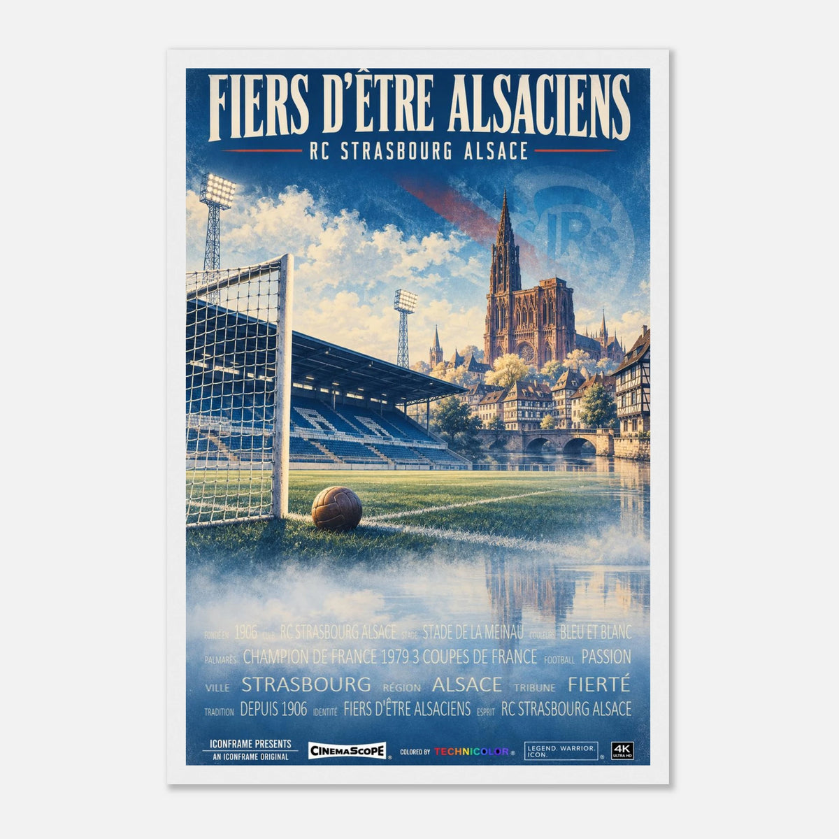 Racing Straßburg Poster „Fiers d’être Alsaciens“ – 30 × 45 cm, mit weißem Holzrahmen