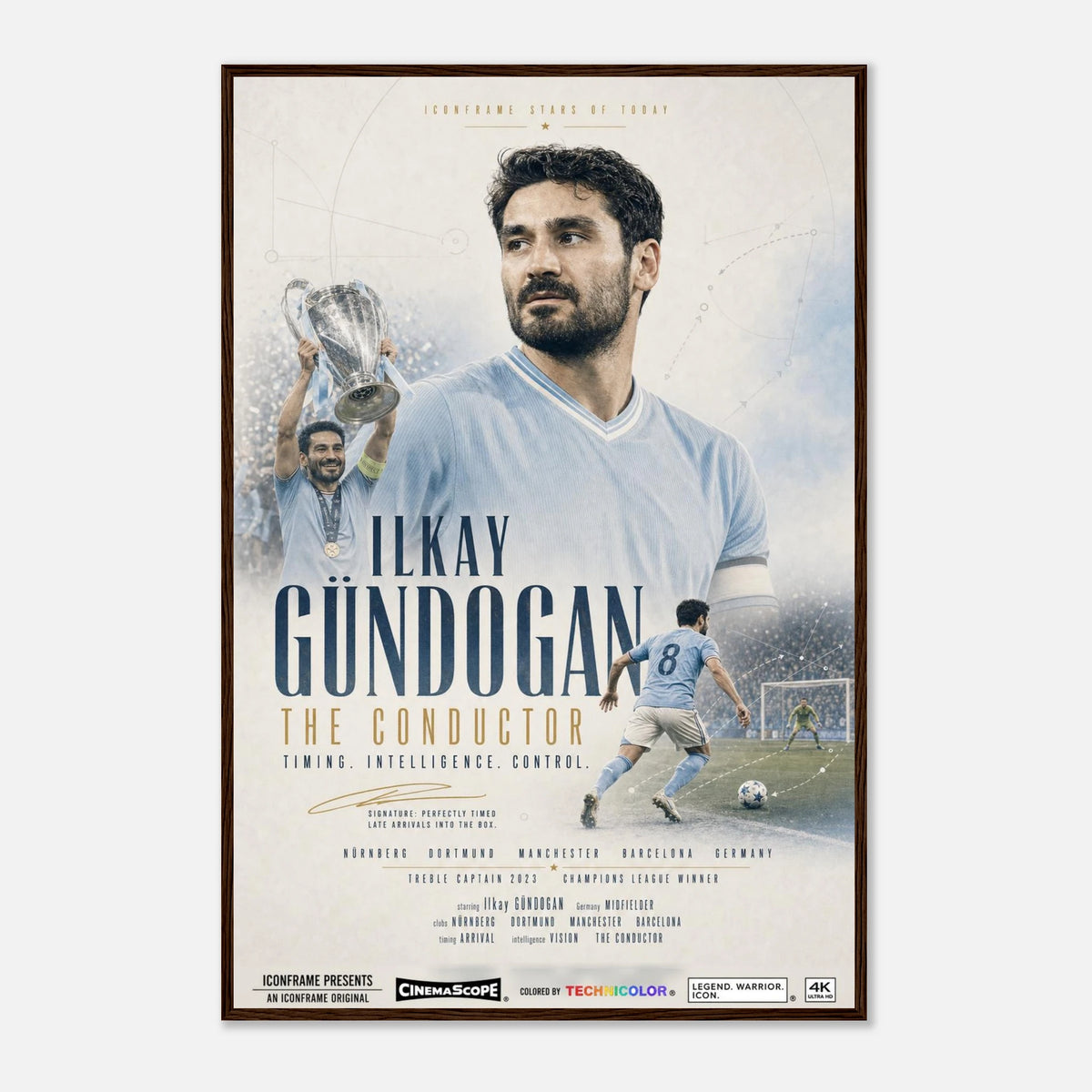 Ilkay Gündogan Fußballposter mit Rahmen in dunklem Holz vor grauem Hintergrund