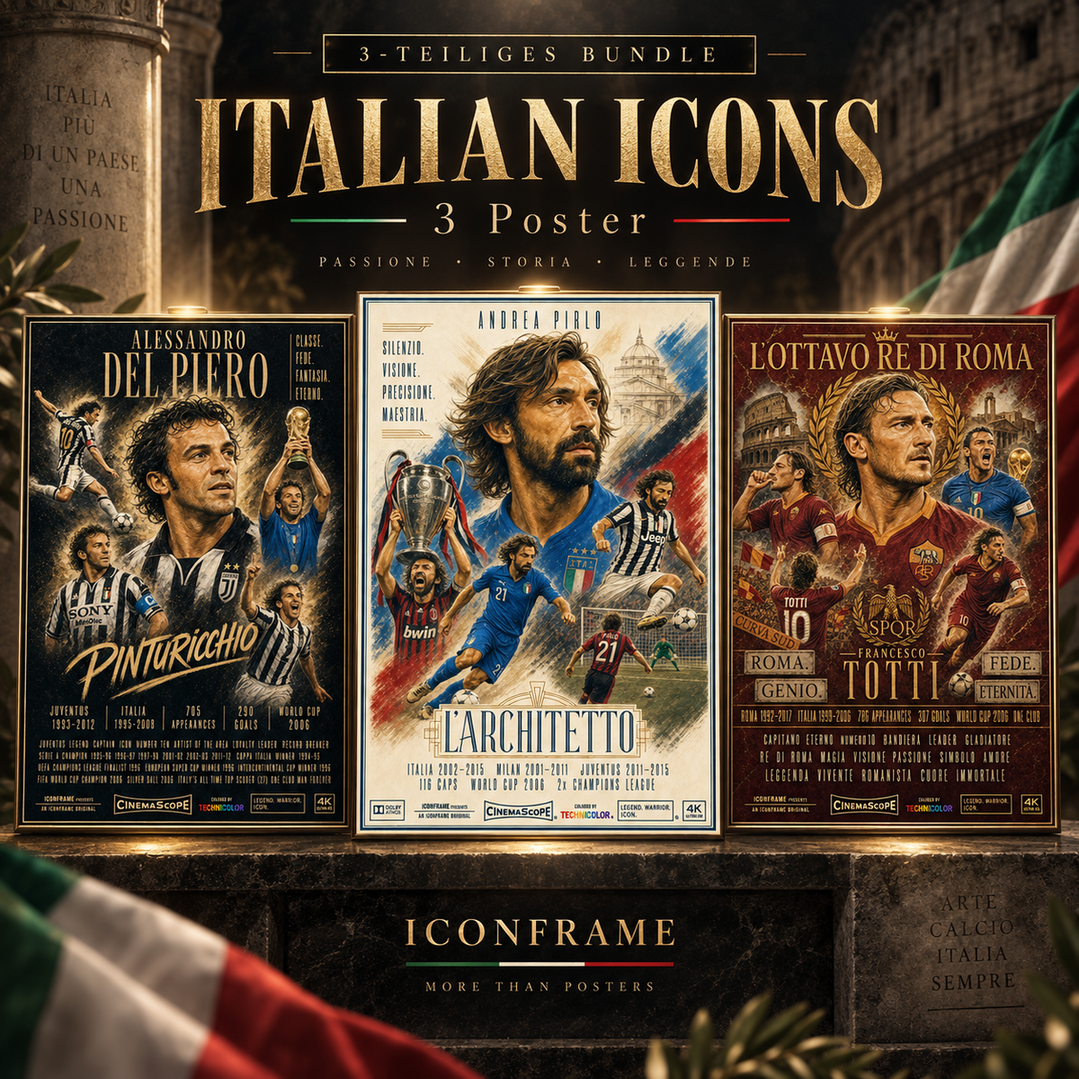 Italian Icons Fußballposter-Bundle mit Alessandro Del Piero, Andrea Pirlo und Francesco Totti