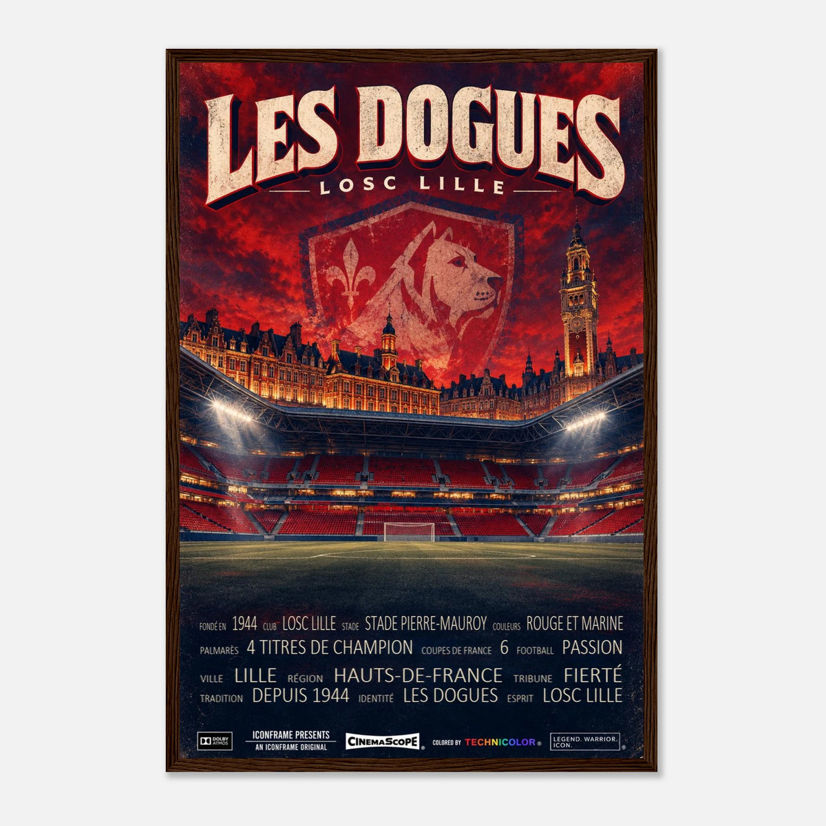 LOSC Lille Poster „Les Dogues“ – 40 × 60 cm, mit dunkelbraunem Holzrahmen