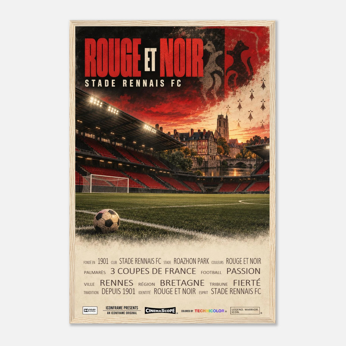 Stade Rennes Poster „Rouge et Noir“ – 40 × 60 cm, mit naturfarbenem Holzrahmen