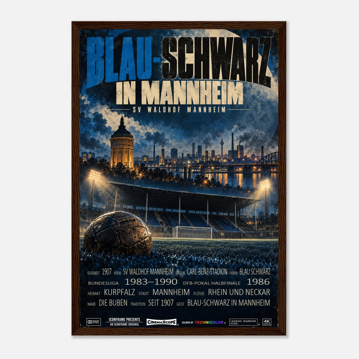 SV Waldhof Mannheim Poster „Blau-Schwarz in Mannheim“ – 30 × 45 cm, mit dunkelbraunem Holzrahmen