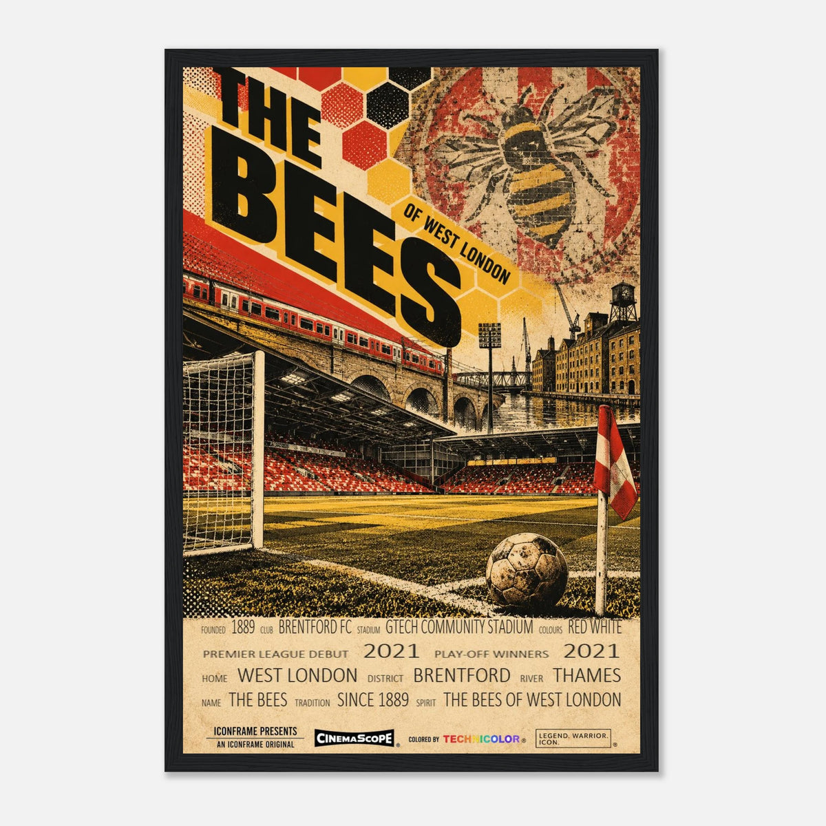 Brentford Poster „The Bees“ – 30 × 45 cm, mit schwarzem Holzrahmen vor hellem Hintergrund