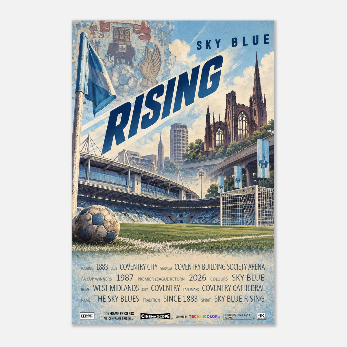 Coventry City Poster „Sky Blue Rising“ – 60 × 90 cm, ohne Rahmen vor hellem Hintergrund