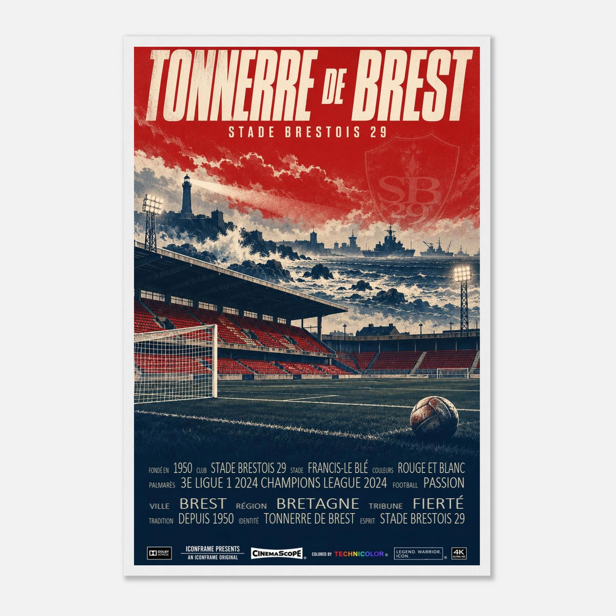 Stade Brest Poster „Tonnerre de Brest“ – 40 × 60 cm, mit weißem Holzrahmen