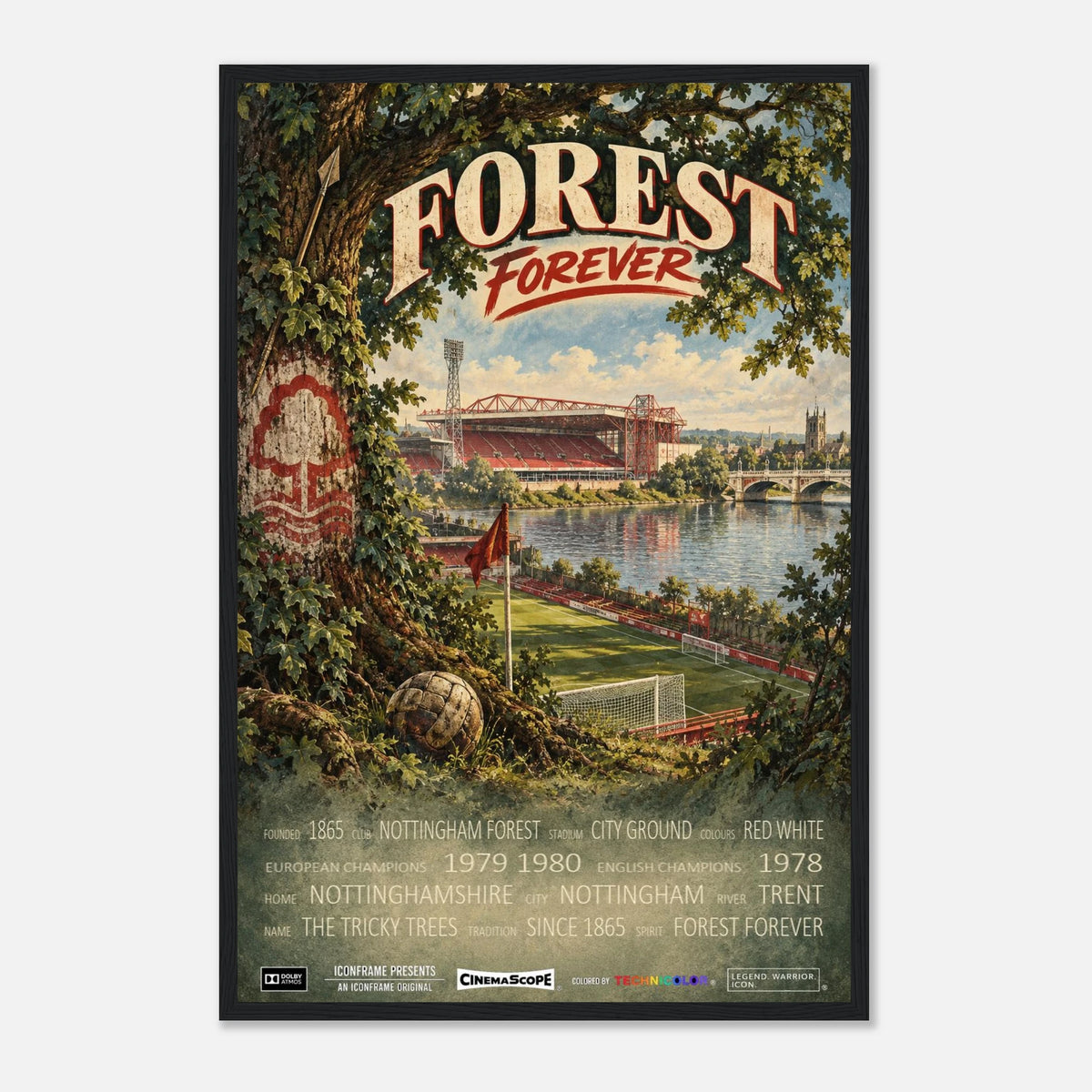 Nottingham Forest Poster „Forest Forever“ – 40 × 60 cm, mit schwarzem Holzrahmen vor hellem Hintergrund