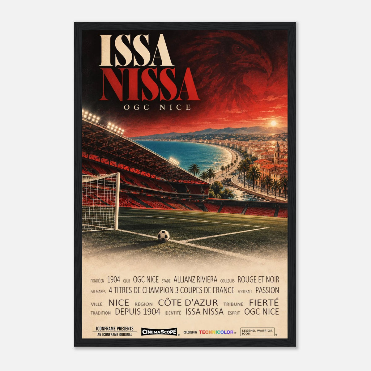 OGC Nizza Poster „Issa Nissa“ – 30 × 45 cm, mit schwarzem Holzrahmen