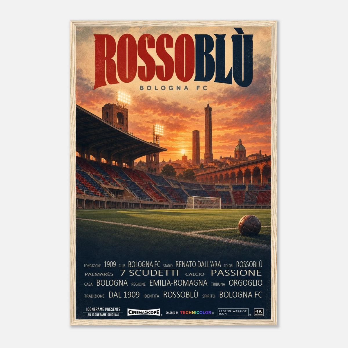 FC Bologna Poster „Rossoblù“ – 40 × 60 cm, mit naturfarbenem Holzrahmen vor hellem Hintergrund