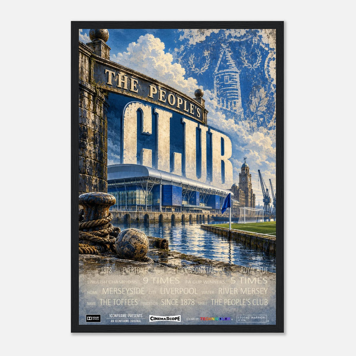 Everton Poster „The People's Club“ – 30 × 45 cm, mit schwarzem Holzrahmen vor hellem Hintergrund