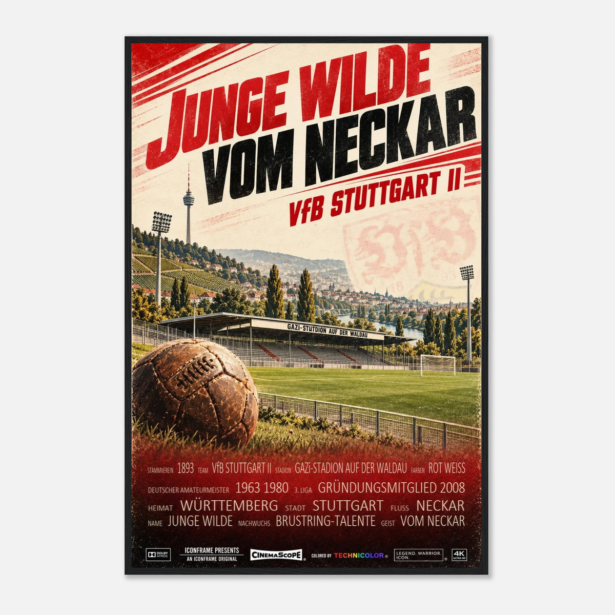 VfB Stuttgart II Poster „Junge Wilde vom Neckar“ – 60 × 90 cm, mit schwarzem Holzrahmen