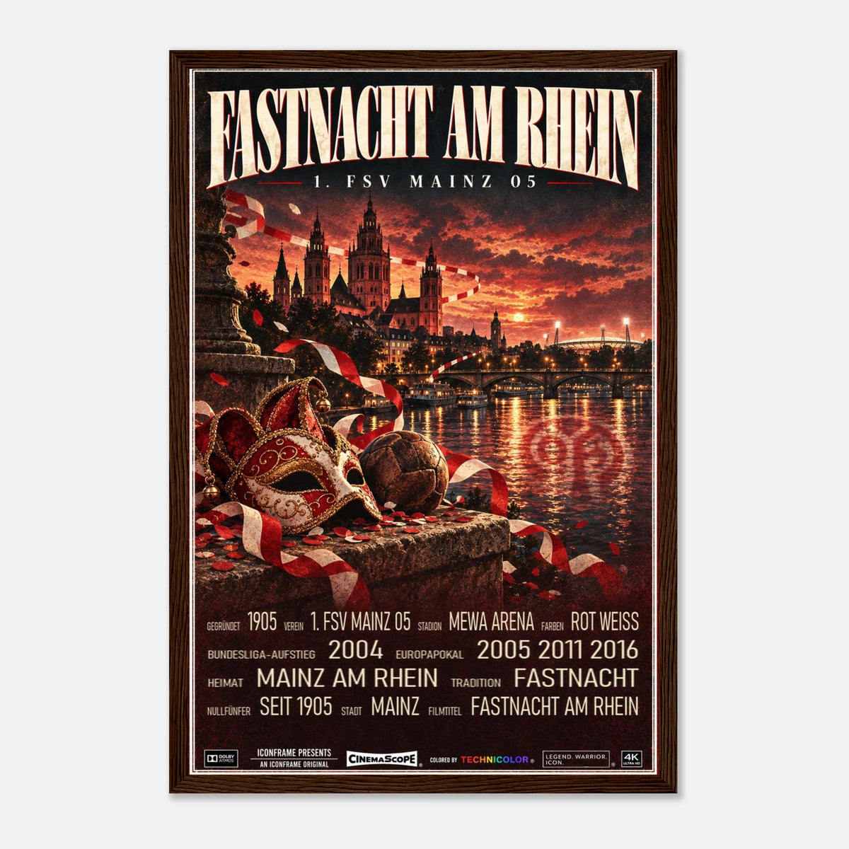 Mainz 05 Poster „Fastnacht am Rhein“ – 30 × 45 cm, mit dunkelbraunem Holzrahmen vor hellem Hintergrund