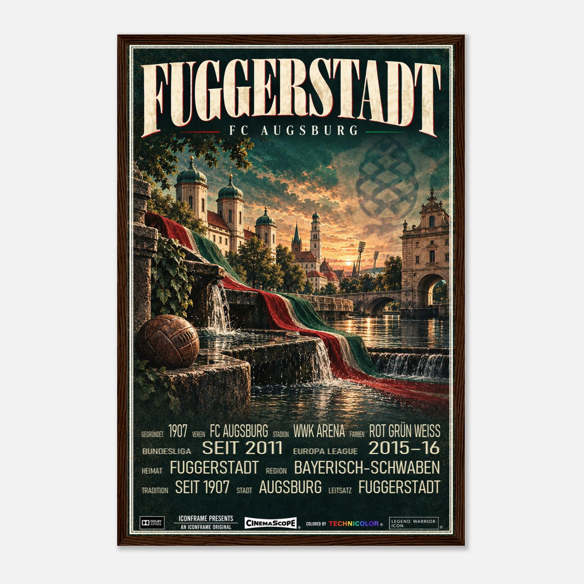 FC Augsburg Poster „Fuggerstadt“ – 40 × 60 cm, mit dunkelbraunem Holzrahmen vor hellem Hintergrund