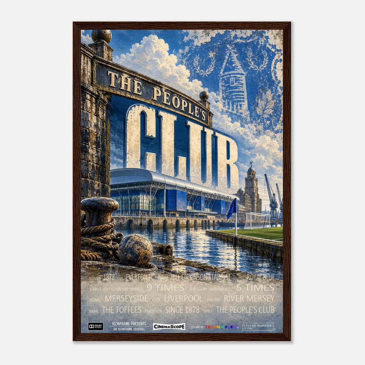 Everton Poster „The People's Club“ – 30 × 45 cm, mit dunkelbraunem Holzrahmen vor hellem Hintergrund