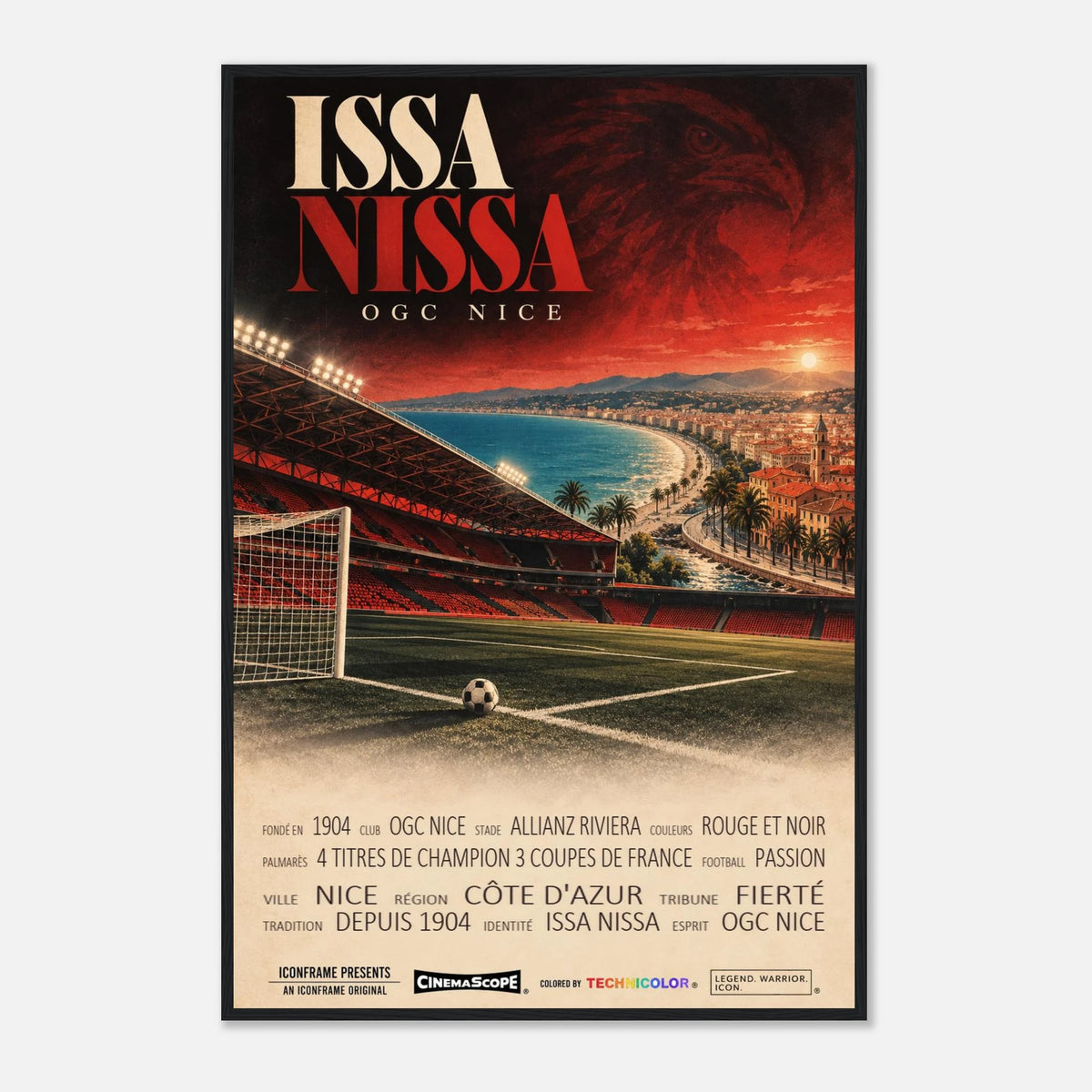 OGC Nizza Poster „Issa Nissa“ – 60 × 90 cm, mit schwarzem Holzrahmen