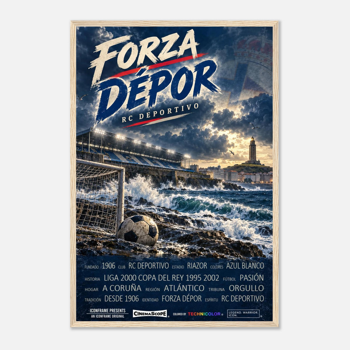 Deportivo A Coruña Poster „Forza Dépor“ – 40 × 60 cm, mit naturfarbenem Holzrahmen vor hellem Hintergrund