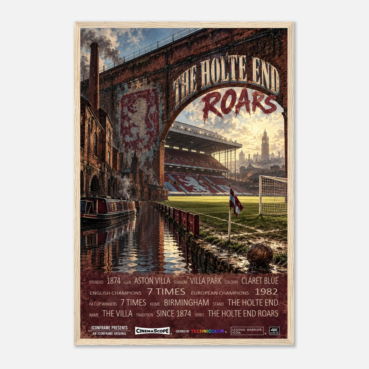 Aston Villa Poster „The Holte End Roars“ – 40 × 60 cm, mit naturfarbenem Holzrahmen vor hellem Hintergrund