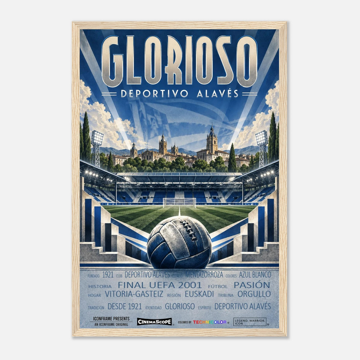 Deportivo Alavés Poster „Glorioso“ – 30 × 45 cm, mit naturfarbenem Holzrahmen vor hellem Hintergrund