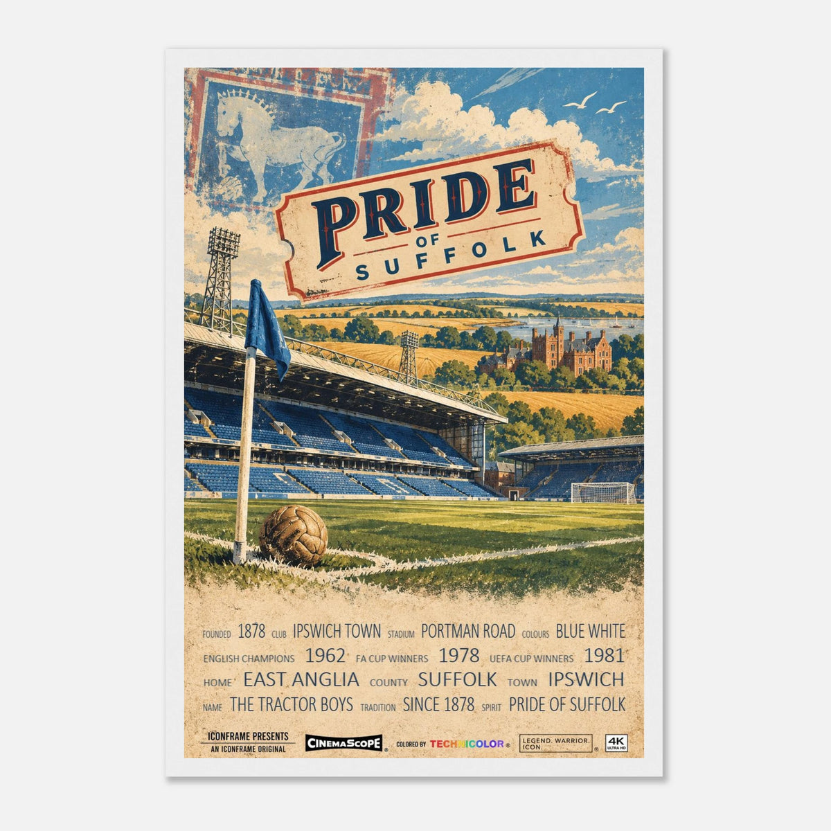 Ipswich Town Poster „Pride of Suffolk“ – 30 × 45 cm, mit weißem Holzrahmen vor hellem Hintergrund