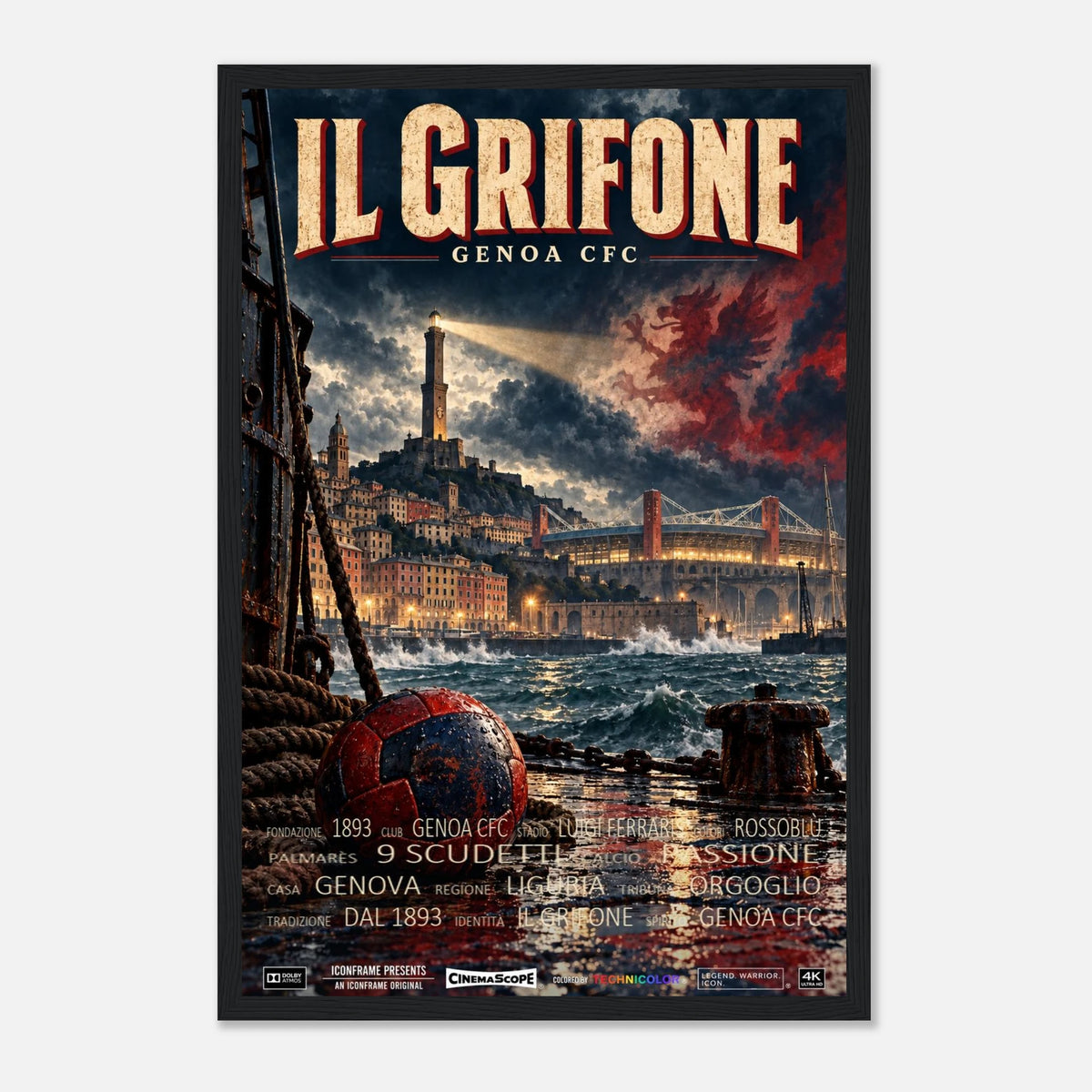 CFC Genua Poster „Il Grifone“ – 30 × 45 cm, mit schwarzem Holzrahmen vor hellem Hintergrund