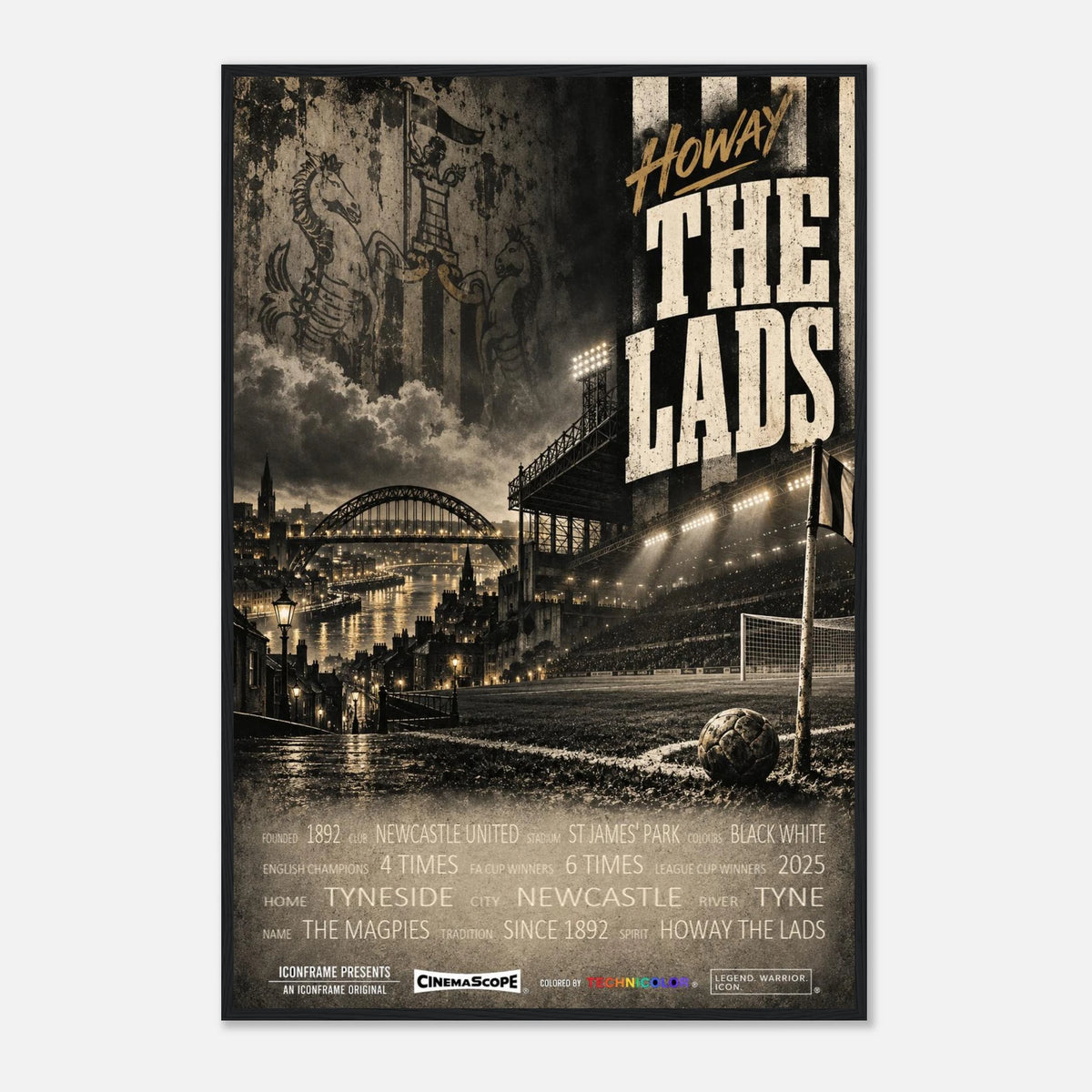 Newcastle United Poster „Howay the Lads“ – 60 × 90 cm, mit schwarzem Holzrahmen vor hellem Hintergrund