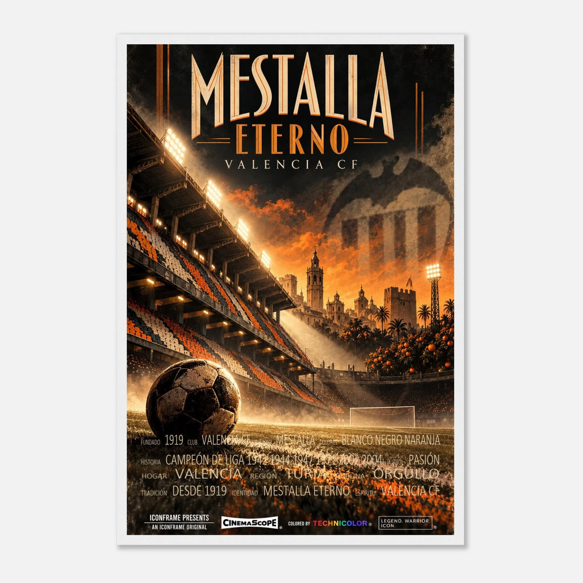 FC Valencia Poster „Mestalla Eterno“ – 40 × 60 cm, mit weißem Holzrahmen vor hellem Hintergrund