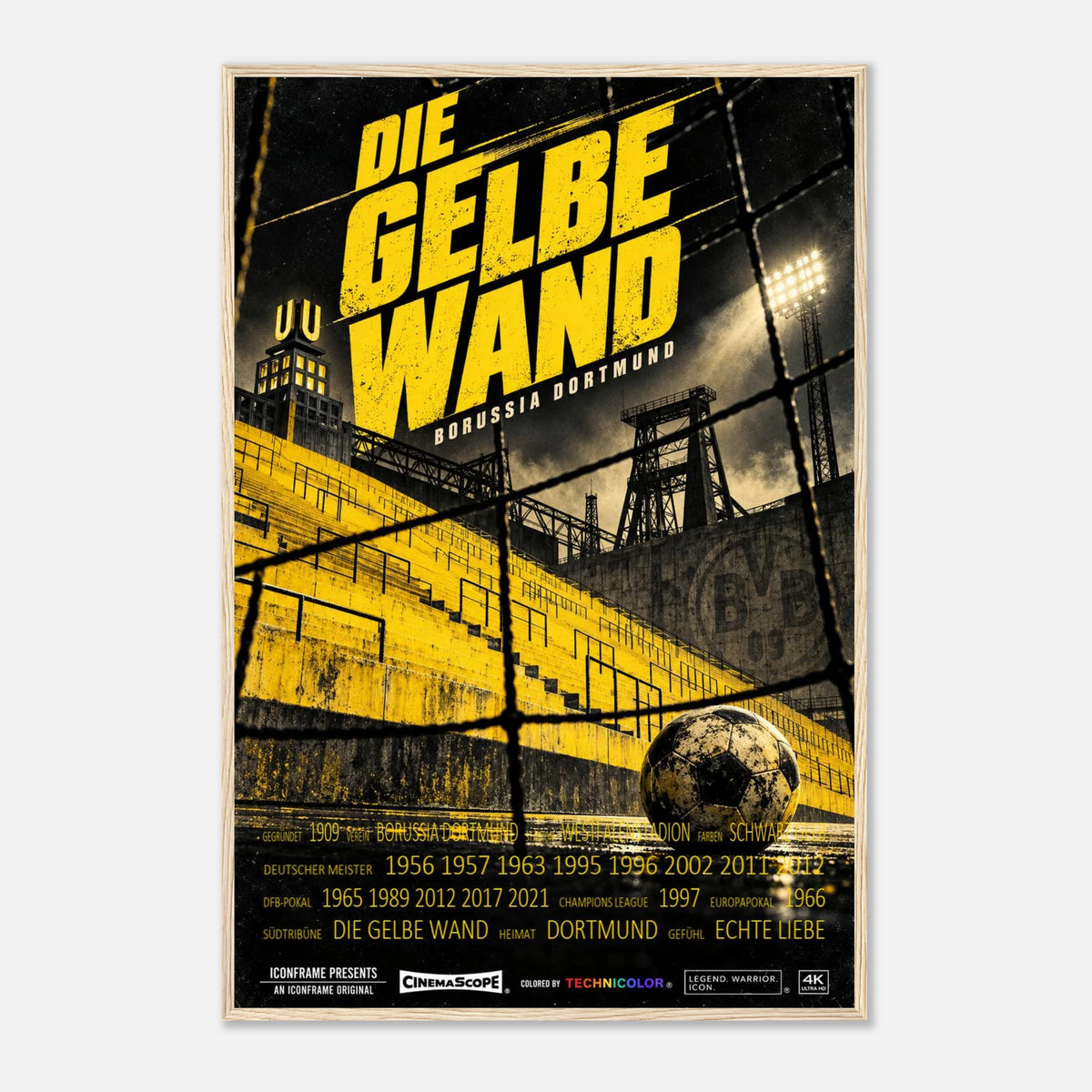 Borussia Dortmund Poster „Die gelbe Wand“ – mit dunkelbraunem Holzrahmen vor hellem Hintergrund
