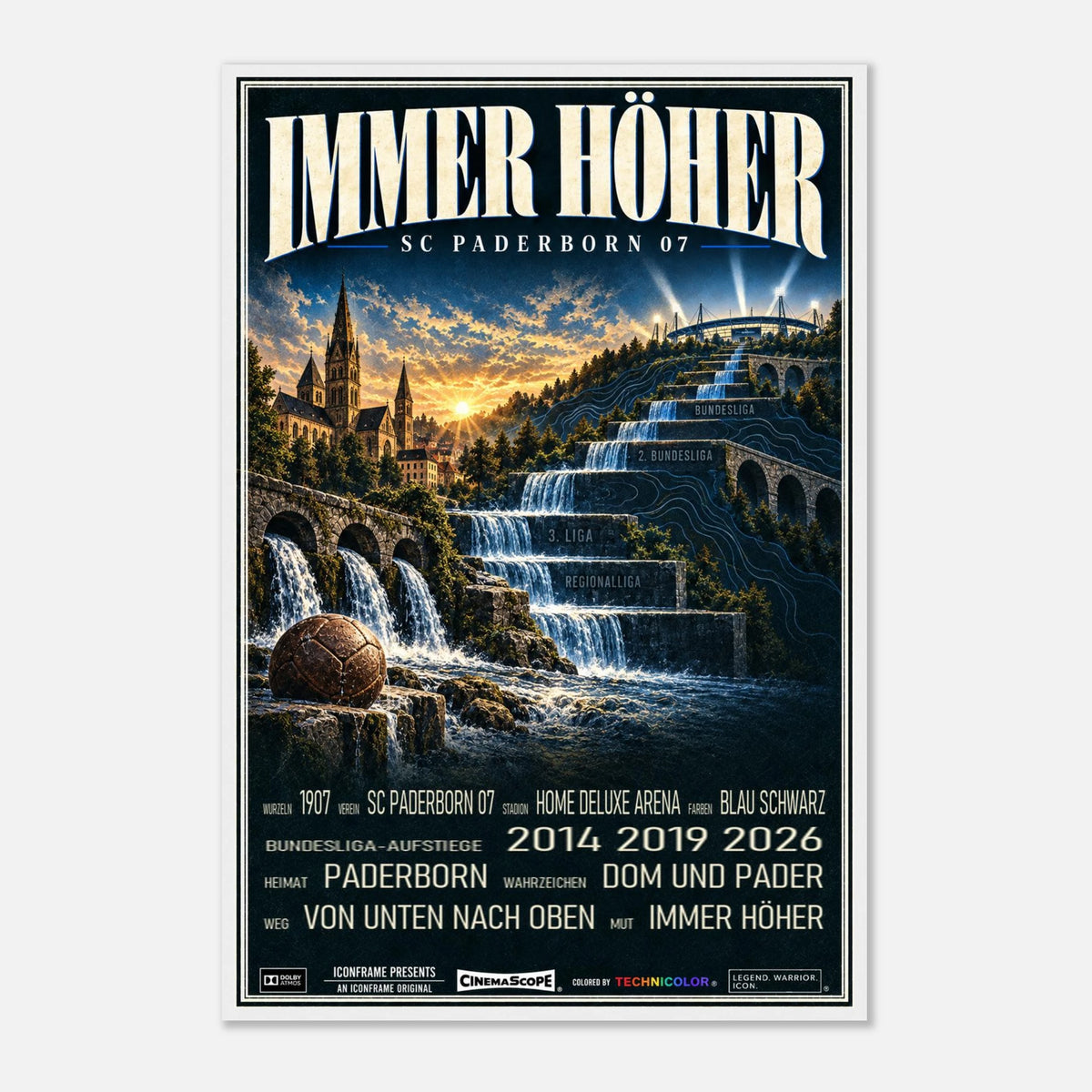 SC Paderborn 07 Poster „Immer höher“ – 60 × 90 cm, mit weißem Holzrahmen vor hellem Hintergrund