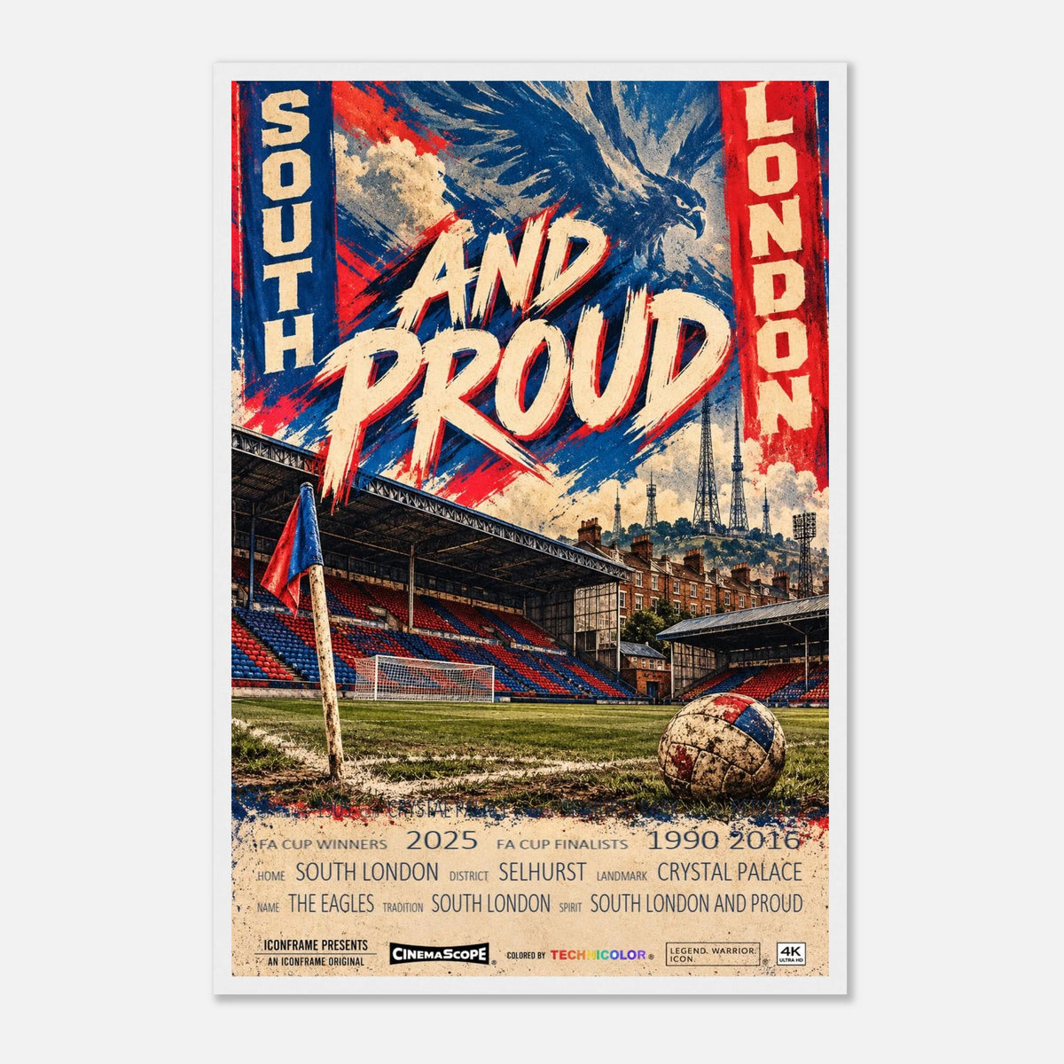 Crystal Palace Poster „South London and Proud“ – 40 × 60 cm, mit weißem Holzrahmen vor hellem Hintergrund