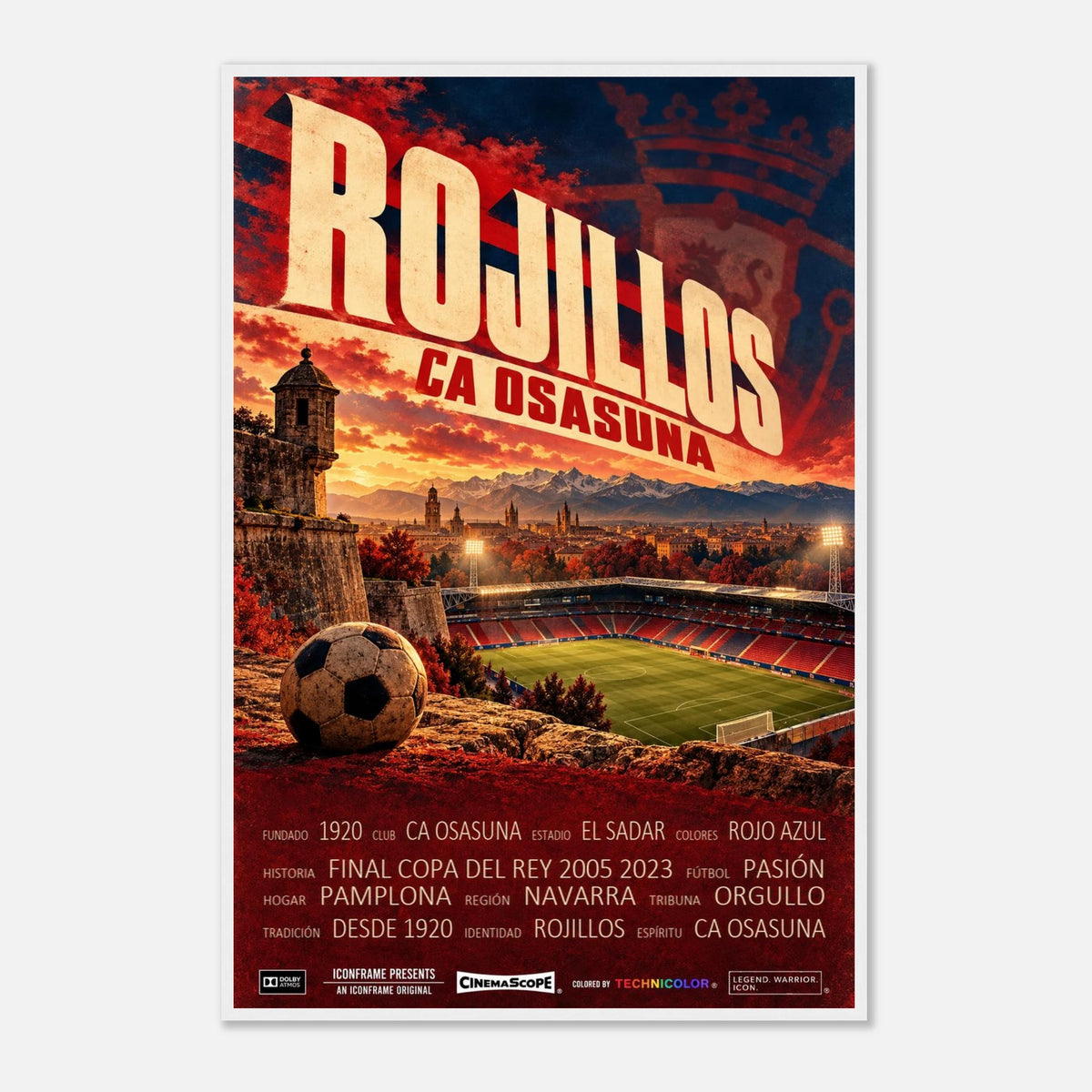 CA Osasuna Poster „Rojillos“ – 60 × 90 cm, mit weißem Holzrahmen vor hellem Hintergrund